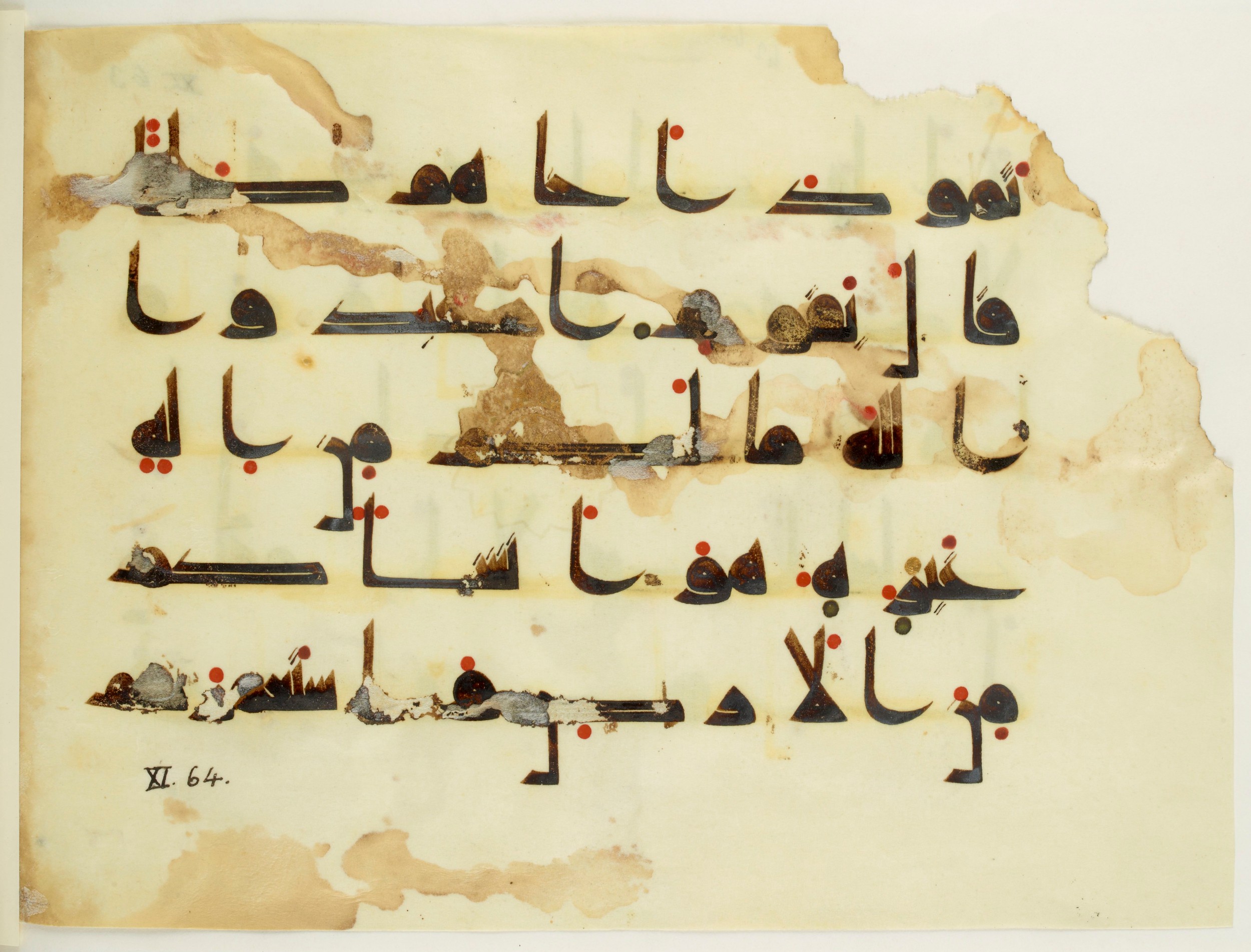 Paris, Bibliothèque nationale de France, Arabe 350 (a) (Scan 2), in Kūfī D.I script, showing Surah 11:61 from Mid 8th to Late 10th Century AD found in Fustat (Old Cairo), Egypt, currently housed at Bibliothèque nationale de France, Paris